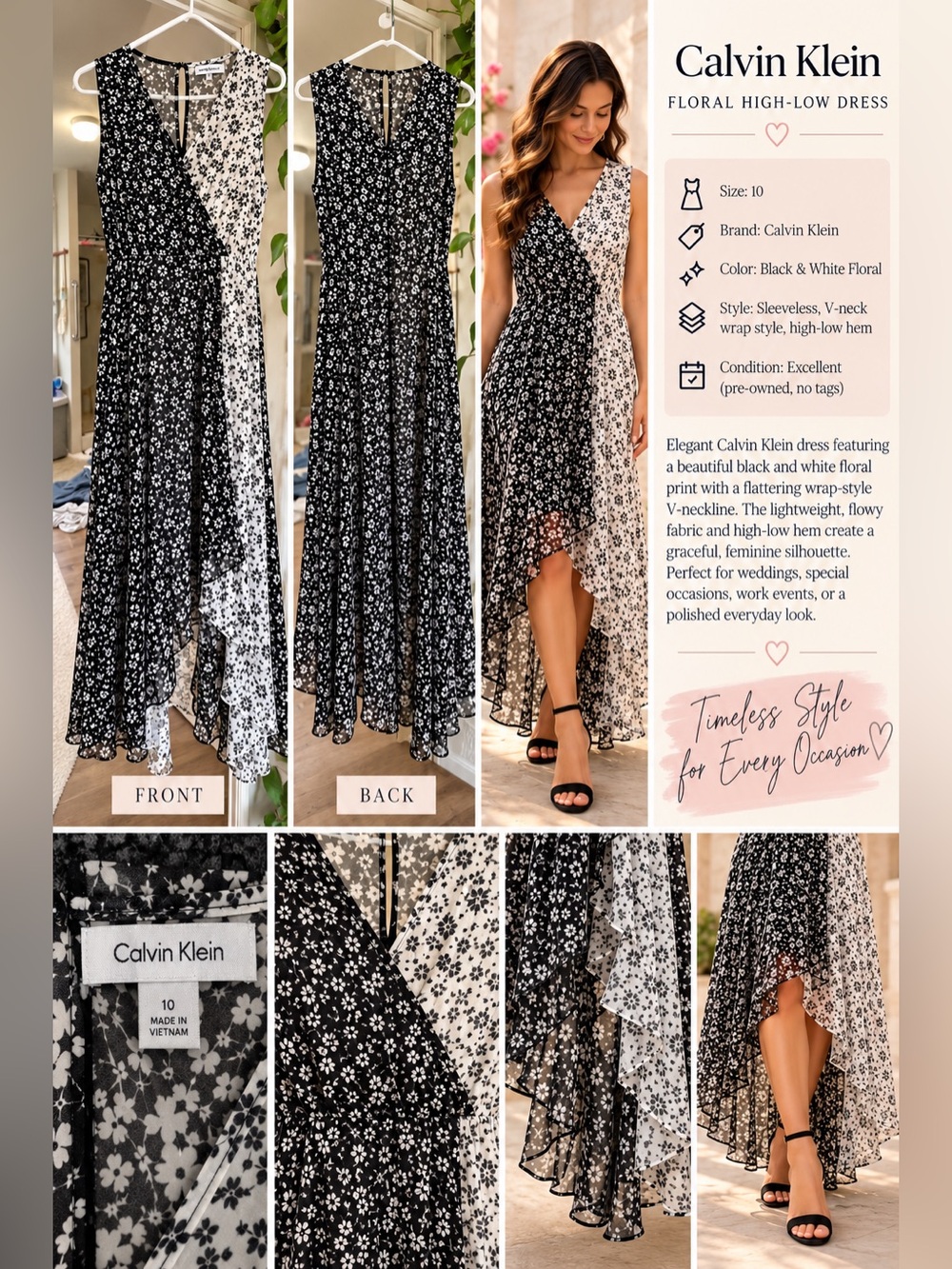 Calvin Klein Black and White Floral High-Low Wrap Dress
